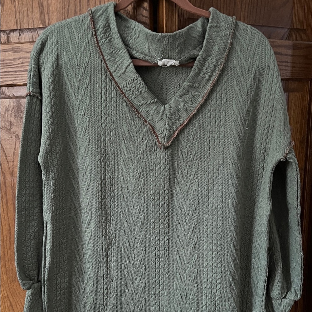Green Textured V-Neck Sweater